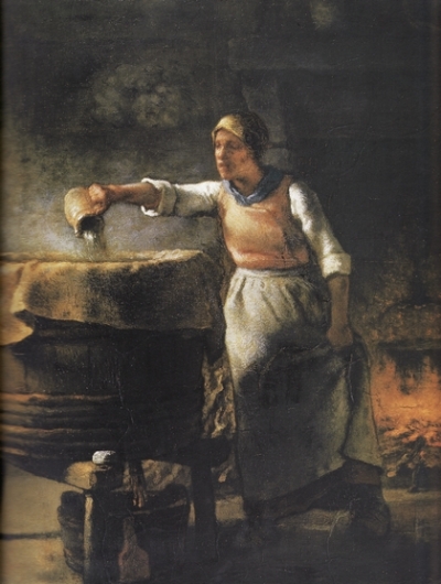 Woman pouring water from earthenware jug into wooden tub