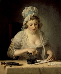 Laundrymaid ironing, Henry Morland, c1775 woman ironing